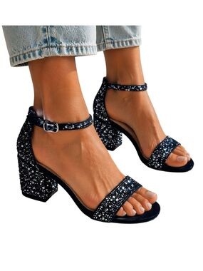 Betsey Johnson Mari Heels Blue Label Rhinestone Block Heel Sandals Black Sparkle